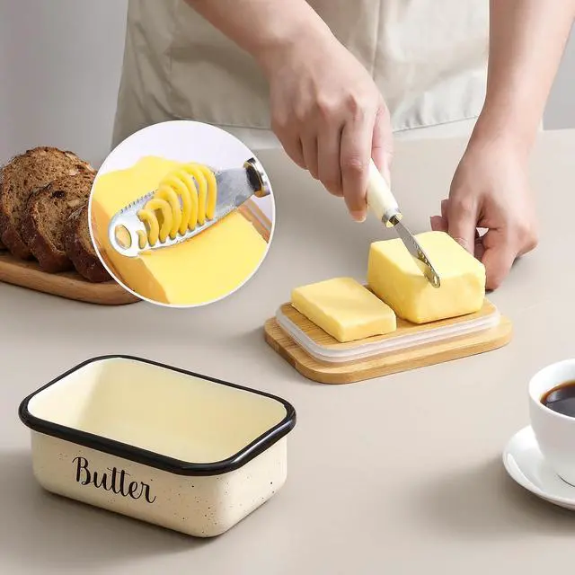 Alt view image 5 of 7 - LANDNEOO Butter Dish with Lid and Butter Curler Knife, Unbreakable Metal Keeper Container Double Silicone Sealing, Speckled White, 6.2'L x 4.2' W x 2.2' H, 2 Sticks Capacity, Stainless Steel, Bamboo