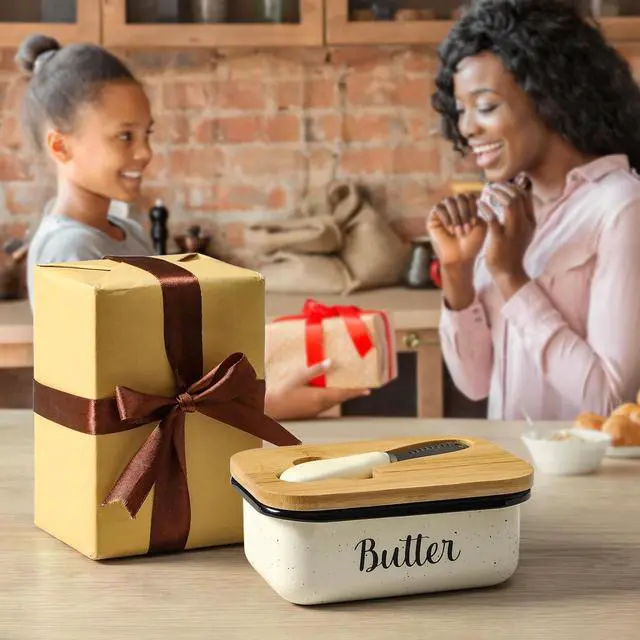 Alt view image 6 of 7 - LANDNEOO Butter Dish with Lid and Butter Curler Knife, Unbreakable Metal Keeper Container Double Silicone Sealing, Speckled White, 6.2'L x 4.2' W x 2.2' H, 2 Sticks Capacity, Stainless Steel, Bamboo