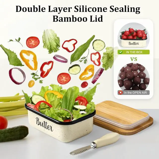 Alt view image 7 of 7 - LANDNEOO Butter Dish with Lid and Butter Curler Knife, Unbreakable Metal Keeper Container Double Silicone Sealing, Speckled White, 6.2'L x 4.2' W x 2.2' H, 2 Sticks Capacity, Stainless Steel, Bamboo