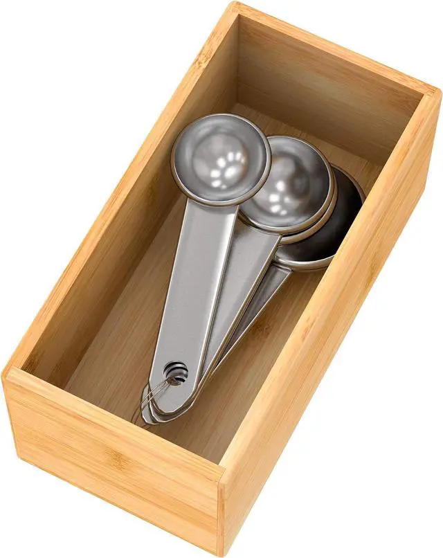 Main image of Bamboo Drawer Organizer Utensil Holder for Kitchen, Small Wood Silverware Storage Organizer, Stackable Box Tray for Cutlery, Flatware, Bathroom Caddy for Makeup, Perfume, Jewelry, 6x3x2.5 Inch