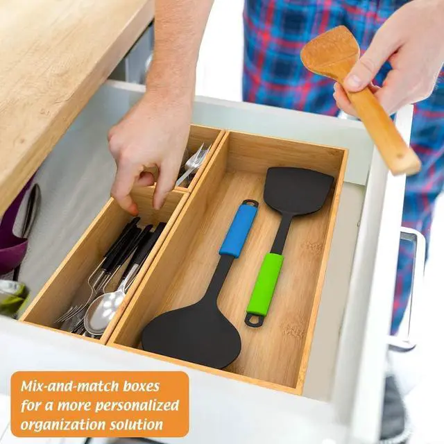 Alt view image 3 of 7 - Bamboo Drawer Organizer Utensil Holder for Kitchen, Small Wood Silverware Storage Organizer, Stackable Box Tray for Cutlery, Flatware, Bathroom Caddy for Makeup, Perfume, Jewelry, 6x3x2.5 Inch