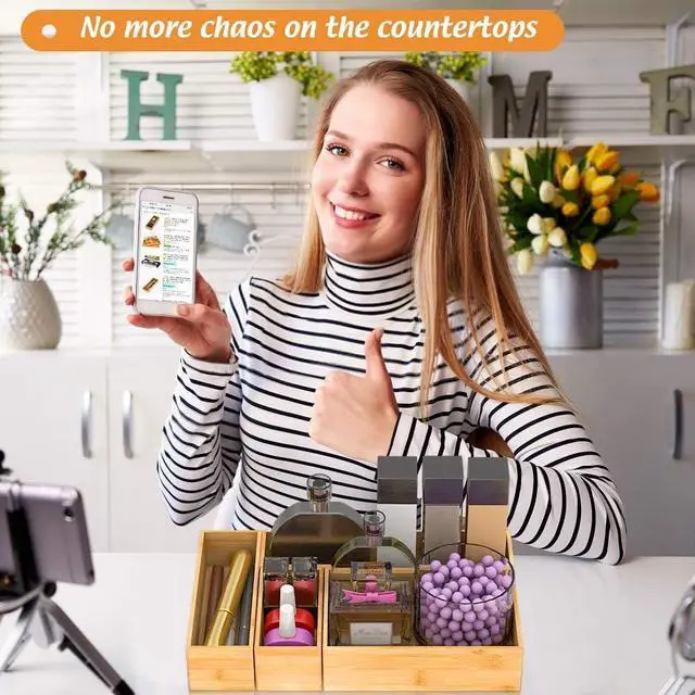 Alt view image 4 of 7 - Bamboo Drawer Organizer Utensil Holder for Kitchen, Small Wood Silverware Storage Organizer, Stackable Box Tray for Cutlery, Flatware, Bathroom Caddy for Makeup, Perfume, Jewelry, 6x3x2.5 Inch