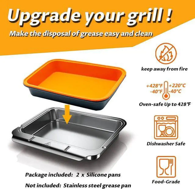 Alt view image 2 of 6 - Drip Pans for Weber - Grill Accessories for Weber Genesis, Spirit, Q Series - Reusable Silicone Grill Grease Tray Liners for Ninja Woodfire Grill - 8.5" x 6" - 2 Pack - Gray & Orange