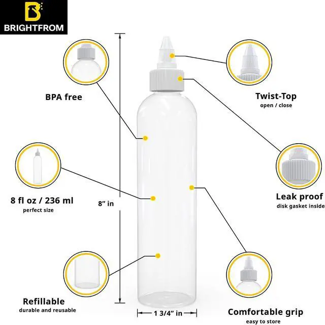 Alt view image 2 of 4 - BRIGHTFROM Twist Top Applicator Bottles, 8 OZ Crystal Clear, Squeeze Empty Plastic Bottles, BPA-Free, PET, Refillable, Open/Close Nozzle - Multi Purpose (Pack of 2)