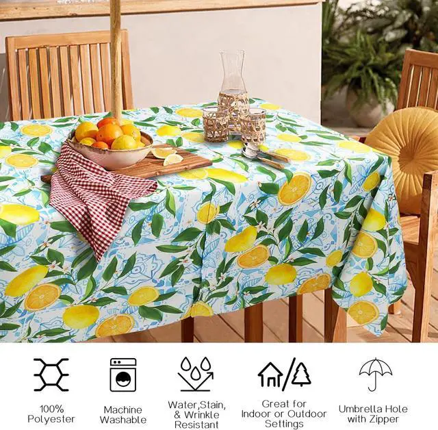Alt view image 6 of 7 - Outdoor Tablecloth with Umbrella Hole and Zipper, Rectangle Patio Table Covers for Spring/Summer, Machine Washable Outdoor Picnic Table Cloth (Lemon, 60" × 84" Rectangular)