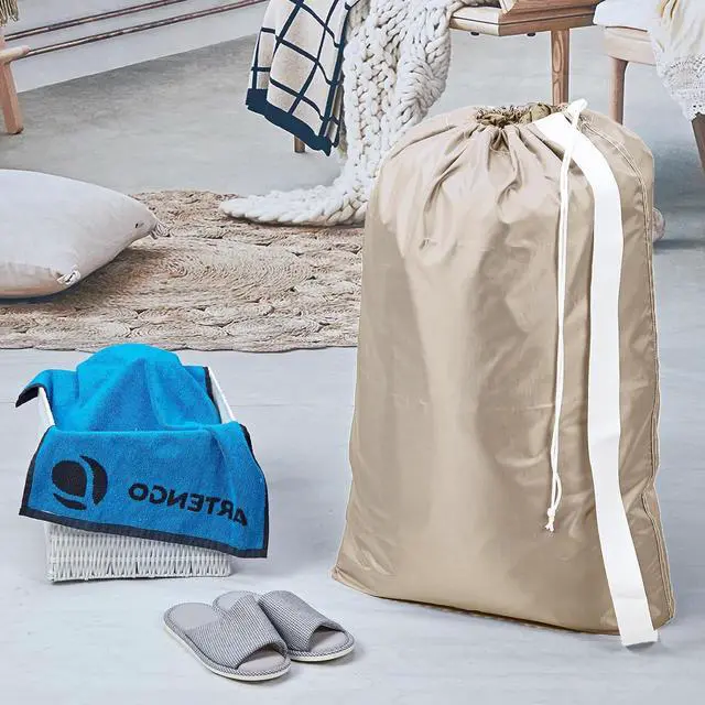 Alt view image 2 of 7 - HOMEST XL Nylon Laundry Bag with Strap, Large Dirty Clothes Organizer, Easy Fit a Laundry Hamper or Basket, Can Carry Up to 4 Loads of Laundry, Beige