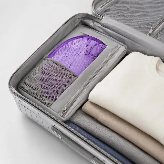 Alt view image 3 of 7 - Pop Up Laundry Hamper Mesh Foldable Basket for Travel | Collapsible Mesh Laundry Basket for Cruise, Camping & Home, Portable Travel Hamper with Carry Handle, Purple & Blue