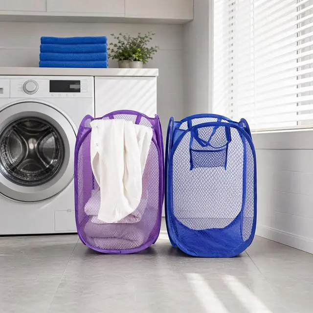 Alt view image 4 of 7 - Pop Up Laundry Hamper Mesh Foldable Basket for Travel | Collapsible Mesh Laundry Basket for Cruise, Camping & Home, Portable Travel Hamper with Carry Handle, Purple & Blue