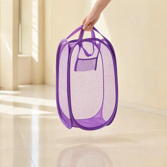 Alt view image 5 of 7 - Pop Up Laundry Hamper Mesh Foldable Basket for Travel | Collapsible Mesh Laundry Basket for Cruise, Camping & Home, Portable Travel Hamper with Carry Handle, Purple & Blue