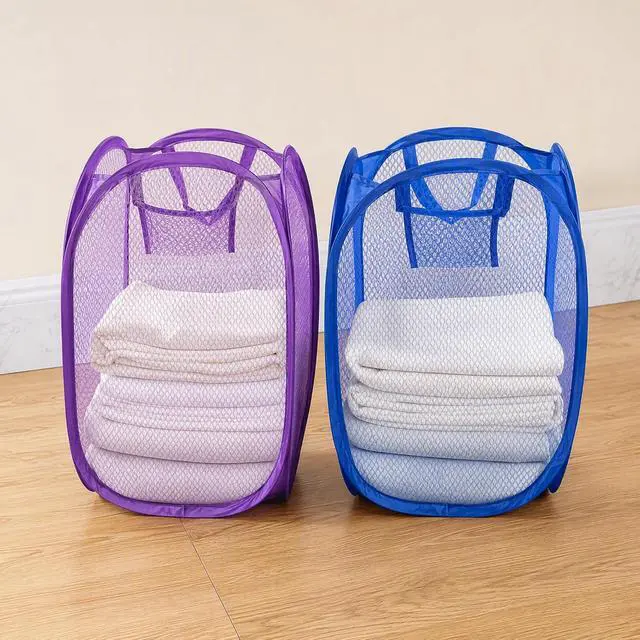 Alt view image 2 of 7 - Pop Up Laundry Hamper Mesh Foldable Basket for Travel | Collapsible Mesh Laundry Basket for Cruise, Camping & Home, Portable Travel Hamper with Carry Handle, Purple & Blue