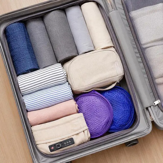 Alt view image 7 of 7 - Pop Up Laundry Hamper Mesh Foldable Basket for Travel | Collapsible Mesh Laundry Basket for Cruise, Camping & Home, Portable Travel Hamper with Carry Handle, Purple & Blue