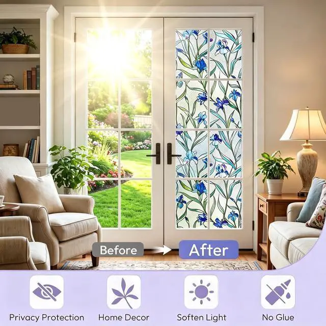 Alt view image 8 of 11 - Coavas 3D Stained Glass Privacy Window Film, Static Cling, Blue 17.5"x39.4" | UV & Heat Blocking, Reusable No Adhesive, 3D Floral Pattern for Bathroom Kitchen Front Door Windows