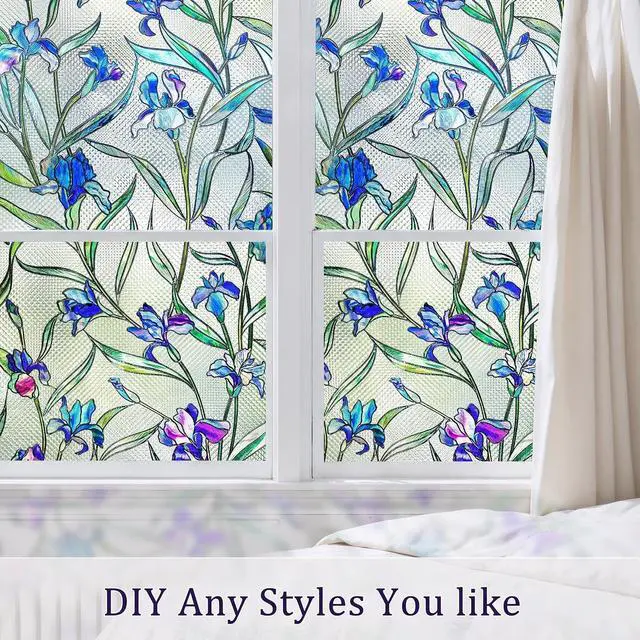 Alt view image 9 of 11 - Coavas 3D Stained Glass Privacy Window Film, Static Cling, Blue 17.5"x39.4" | UV & Heat Blocking, Reusable No Adhesive, 3D Floral Pattern for Bathroom Kitchen Front Door Windows