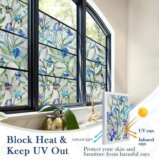 Alt view image 10 of 11 - Coavas 3D Stained Glass Privacy Window Film, Static Cling, Blue 17.5"x39.4" | UV & Heat Blocking, Reusable No Adhesive, 3D Floral Pattern for Bathroom Kitchen Front Door Windows