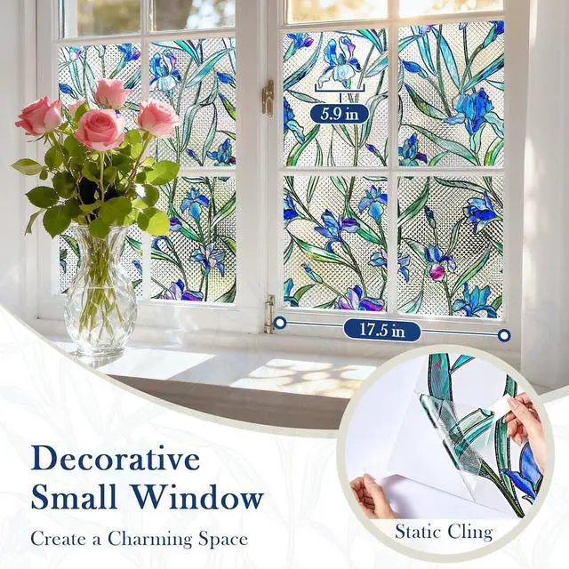 Alt view image 11 of 11 - Coavas 3D Stained Glass Privacy Window Film, Static Cling, Blue 17.5"x39.4" | UV & Heat Blocking, Reusable No Adhesive, 3D Floral Pattern for Bathroom Kitchen Front Door Windows