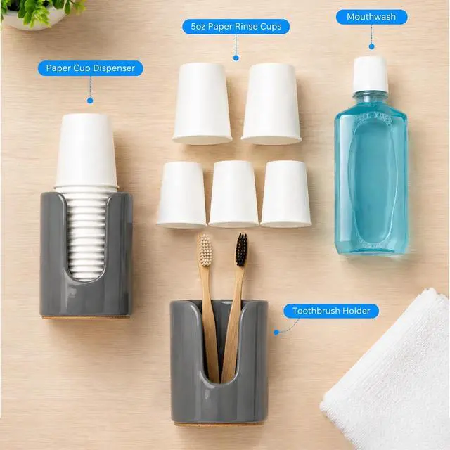 Alt view image 3 of 7 - 5 oz Ceramic Bathroom Cup Dispenser, Countertop Cup, Grey