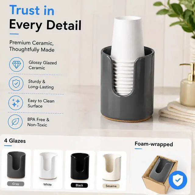Alt view image 4 of 7 - 5 oz Ceramic Bathroom Cup Dispenser, Countertop Cup, Grey