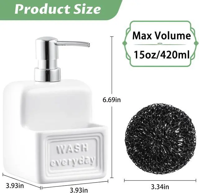 Alt view image 2 of 7 - RQYIXI 2-in-1 Ceramic Dish Soap Dispenser with Sponge Holder, White, 15 Oz