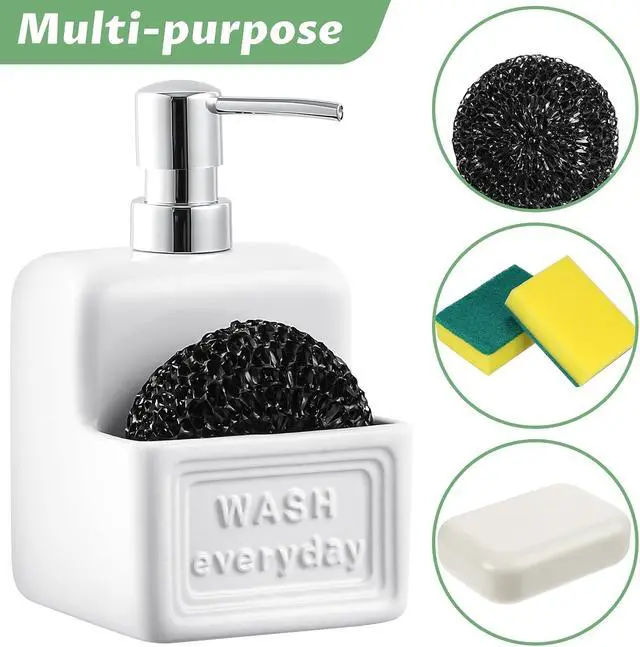 Alt view image 4 of 7 - RQYIXI 2-in-1 Ceramic Dish Soap Dispenser with Sponge Holder, White, 15 Oz