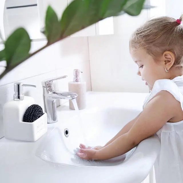 Alt view image 5 of 7 - RQYIXI 2-in-1 Ceramic Dish Soap Dispenser with Sponge Holder, White, 15 Oz