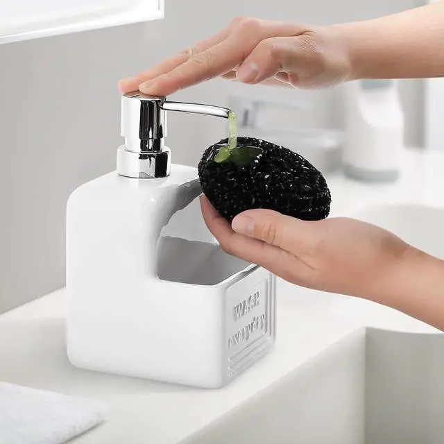 Alt view image 7 of 7 - RQYIXI 2-in-1 Ceramic Dish Soap Dispenser with Sponge Holder, White, 15 Oz