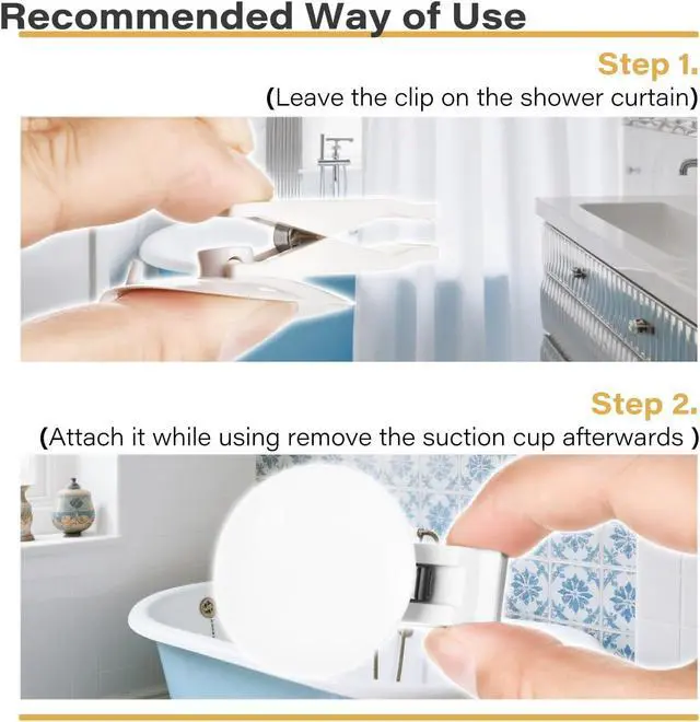Alt view image 6 of 7 - 6 Packs Shower Curtain Clips with Suction Cup to Keep Liner Closed to Wall and Prevent Water Splashing Out, Self Adhesive Windproof Splash Holder, Easy to Use, Just Press Clip onto Wall