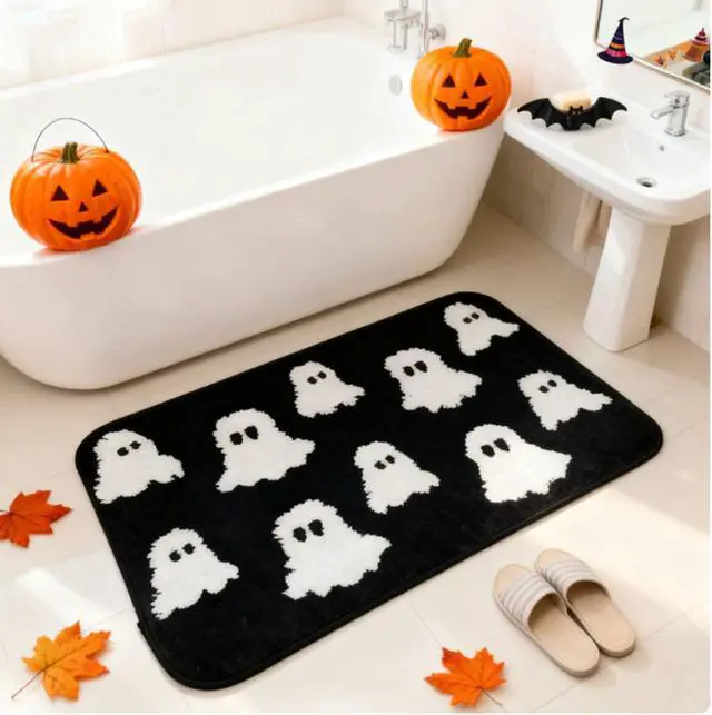 Alt view image 2 of 6 - BOVVSKY Ghost Bath Mat Soft Halloween Bathroom Rug Non Slip, Cute Spooky Ghost Halloween Bathroom Rug Decoration for Home Bedroom Shower Floor (Black)