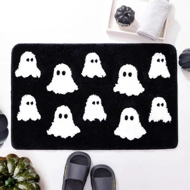 Alt view image 3 of 6 - BOVVSKY Ghost Bath Mat Soft Halloween Bathroom Rug Non Slip, Cute Spooky Ghost Halloween Bathroom Rug Decoration for Home Bedroom Shower Floor (Black)
