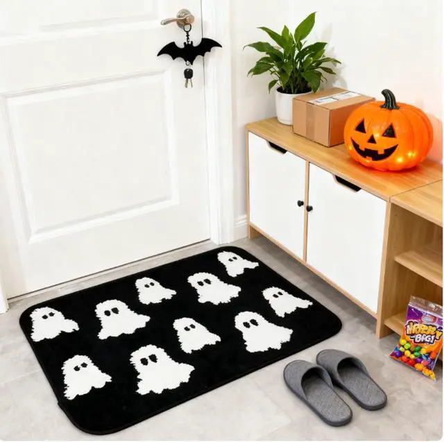 Alt view image 5 of 6 - BOVVSKY Ghost Bath Mat Soft Halloween Bathroom Rug Non Slip, Cute Spooky Ghost Halloween Bathroom Rug Decoration for Home Bedroom Shower Floor (Black)