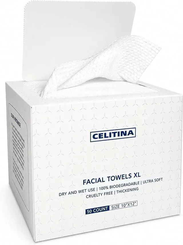 Main image of Chlitina Towels XL, 100% Biobased Face Towel, Disposable Face Towelette, Thick Face Towel for Sensitive Skin, Makeup Remover Dry Wipes, Ultra Soft, Gentle Facial Cleansing Cloths1 Pack, 50 Ct