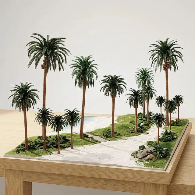 Alt view image 2 of 7 - Miniature Palm Trees, 15PCS Scenery Palm Tree Model for Crafts, Coconut Tropical Landscape Model for Diorama Train Railway Layout Landscape Scenery Cake Decorative -16cm, 13cm, 11cm, 8cm, 7cm