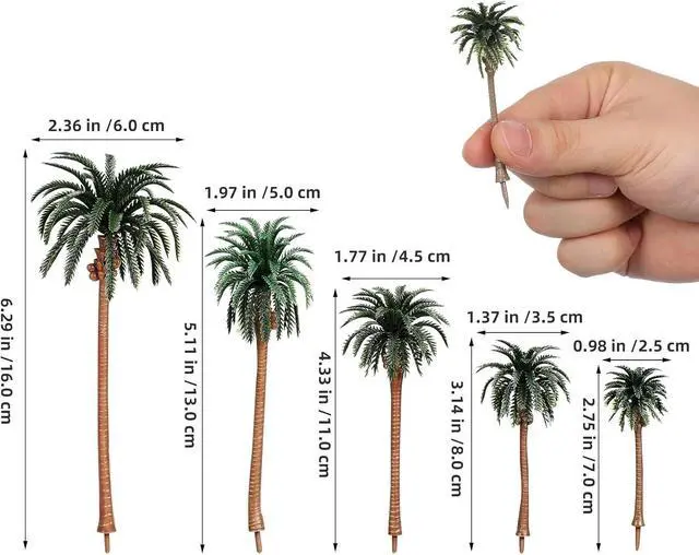 Alt view image 4 of 7 - Miniature Palm Trees, 15PCS Scenery Palm Tree Model for Crafts, Coconut Tropical Landscape Model for Diorama Train Railway Layout Landscape Scenery Cake Decorative -16cm, 13cm, 11cm, 8cm, 7cm