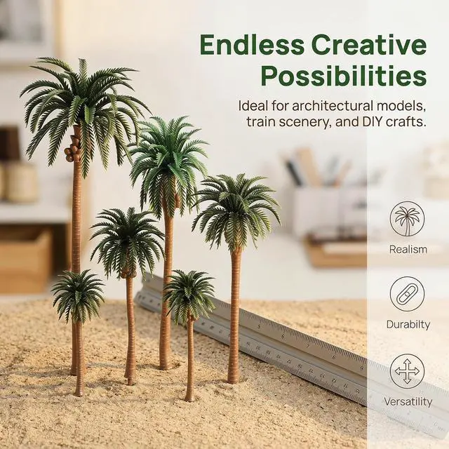 Alt view image 7 of 7 - Miniature Palm Trees, 15PCS Scenery Palm Tree Model for Crafts, Coconut Tropical Landscape Model for Diorama Train Railway Layout Landscape Scenery Cake Decorative -16cm, 13cm, 11cm, 8cm, 7cm
