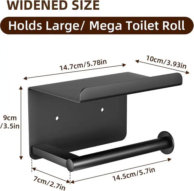 Alt view image 3 of 7 - Adhesive Toilet Paper Holder with Phone Shelf, Wall Mounted Toilet Paper Roll Holder, Rustproof Bathroom Tissue Roll Holder with Shelf, Sticky Toilet Paper Roll Holder- Matte Black