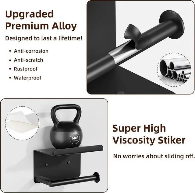 Alt view image 4 of 7 - Adhesive Toilet Paper Holder with Phone Shelf, Wall Mounted Toilet Paper Roll Holder, Rustproof Bathroom Tissue Roll Holder with Shelf, Sticky Toilet Paper Roll Holder- Matte Black