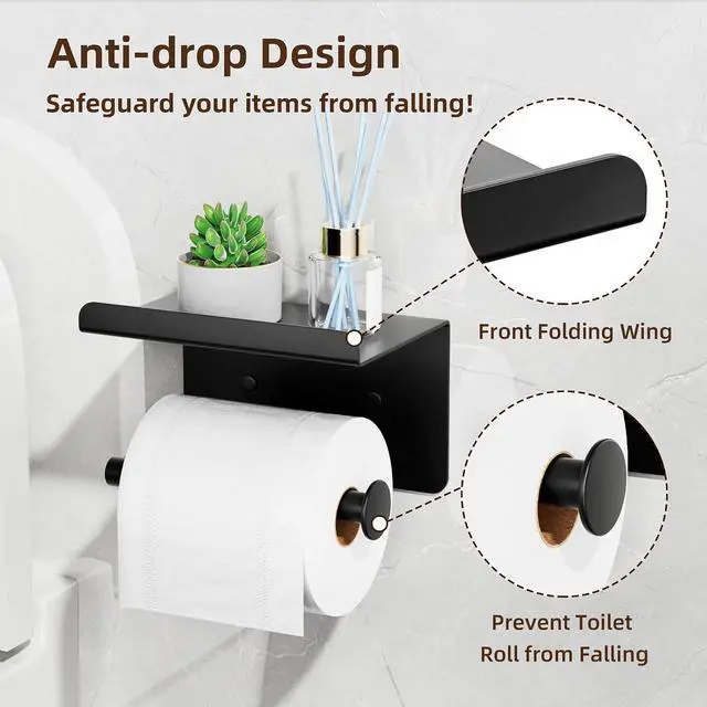 Alt view image 5 of 7 - Adhesive Toilet Paper Holder with Phone Shelf, Wall Mounted Toilet Paper Roll Holder, Rustproof Bathroom Tissue Roll Holder with Shelf, Sticky Toilet Paper Roll Holder- Matte Black
