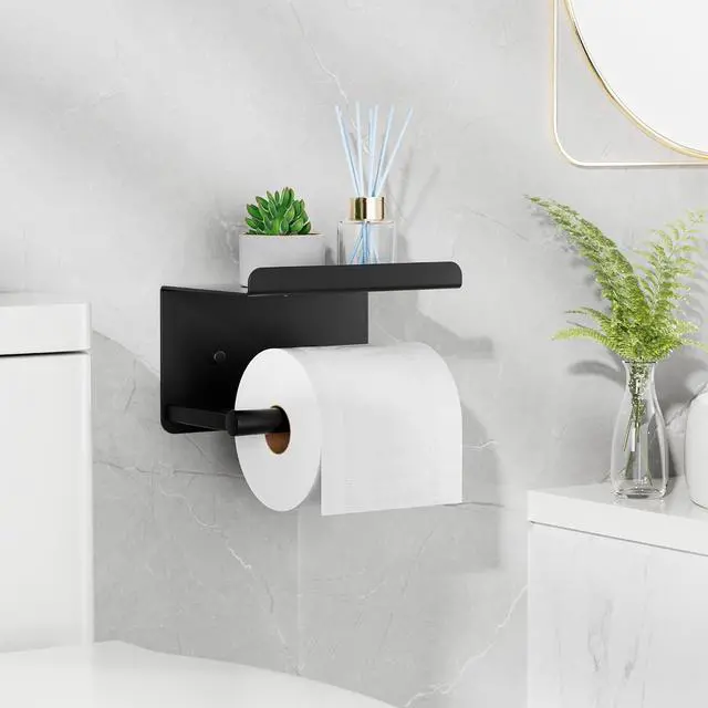Alt view image 6 of 7 - Adhesive Toilet Paper Holder with Phone Shelf, Wall Mounted Toilet Paper Roll Holder, Rustproof Bathroom Tissue Roll Holder with Shelf, Sticky Toilet Paper Roll Holder- Matte Black