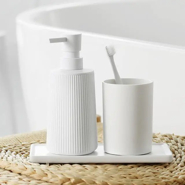 Alt view image 2 of 6 - Small Soap Dispenser for Bathroom and Kitchen, Modern Farmhouse Striped Style Plastic Hand Soap Dish Soap Dispenser with Pump Matte White