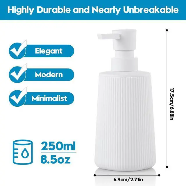Alt view image 6 of 6 - Small Soap Dispenser for Bathroom and Kitchen, Modern Farmhouse Striped Style Plastic Hand Soap Dish Soap Dispenser with Pump Matte White