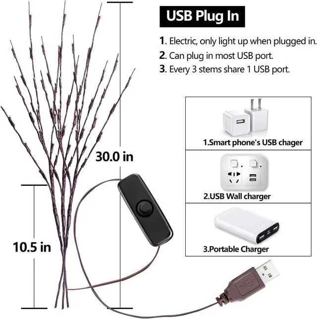Alt view image 5 of 6 - 3Pack 30"Twig Lights, USB Plug in Branches Lights, 60 Led Bulbs, Warm White