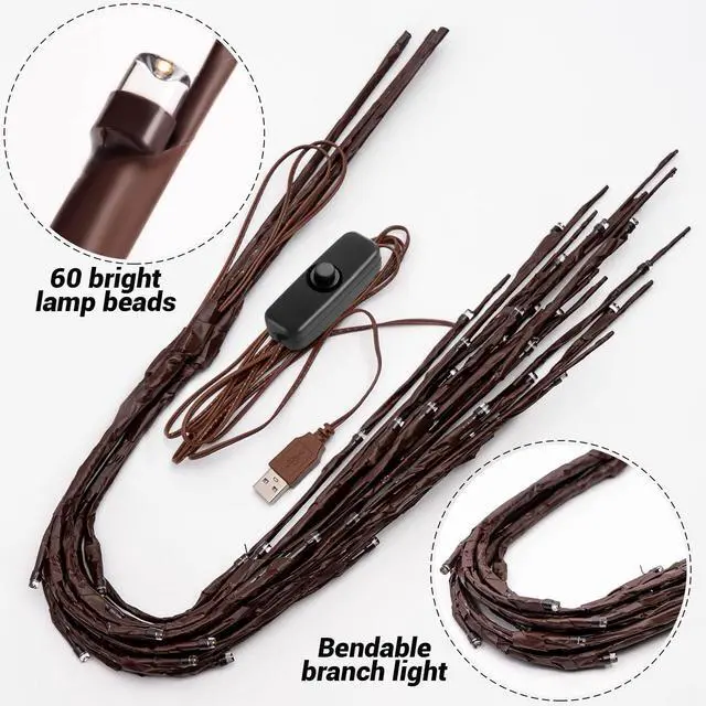 Alt view image 6 of 6 - 3Pack 30"Twig Lights, USB Plug in Branches Lights, 60 Led Bulbs, Warm White