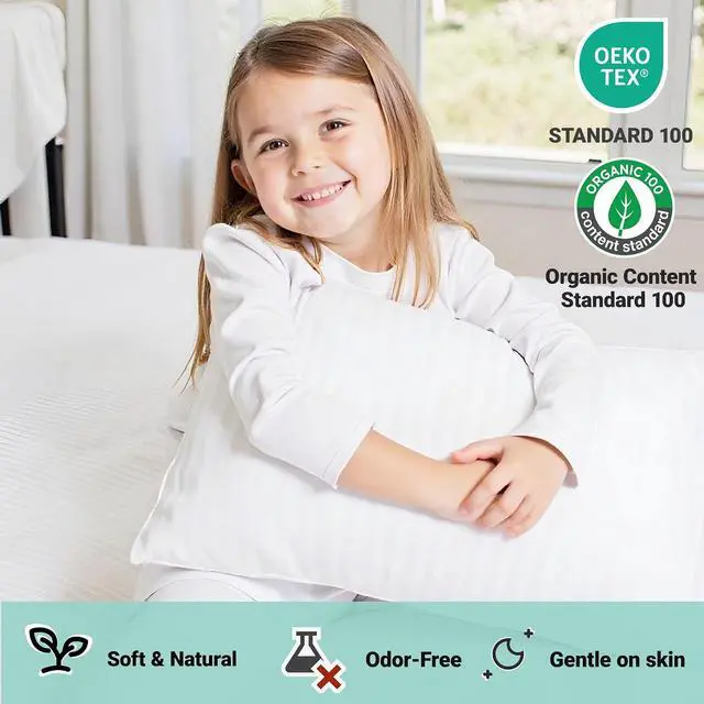 Alt view image 3 of 6 - ZPECC Toddler Pillow with Pillowcase - 13x18 Organic Cotton Hypoallergenic Kids Pillow, Baby Essentials for Travel Crib Daycare Stroller (Intended for Age 2 and up) White Stripe