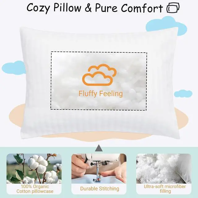 Alt view image 5 of 6 - ZPECC Toddler Pillow with Pillowcase - 13x18 Organic Cotton Hypoallergenic Kids Pillow, Baby Essentials for Travel Crib Daycare Stroller (Intended for Age 2 and up) White Stripe