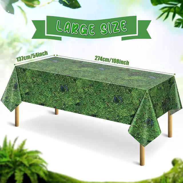 Alt view image 2 of 7 - 3Pcs Green Moss Plastic Tablecloths Grass Green Leaf Table Cloth Disposable Rectangle Table Cover for Soccer World Cup Nature Forest Jungle Golf Theme Party Decorations, 54 X 108inch