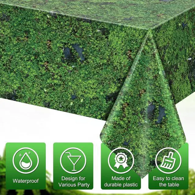 Alt view image 3 of 7 - 3Pcs Green Moss Plastic Tablecloths Grass Green Leaf Table Cloth Disposable Rectangle Table Cover for Soccer World Cup Nature Forest Jungle Golf Theme Party Decorations, 54 X 108inch