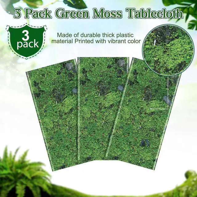 Alt view image 4 of 7 - 3Pcs Green Moss Plastic Tablecloths Grass Green Leaf Table Cloth Disposable Rectangle Table Cover for Soccer World Cup Nature Forest Jungle Golf Theme Party Decorations, 54 X 108inch