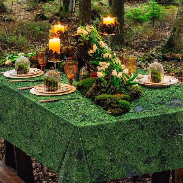 Alt view image 5 of 7 - 3Pcs Green Moss Plastic Tablecloths Grass Green Leaf Table Cloth Disposable Rectangle Table Cover for Soccer World Cup Nature Forest Jungle Golf Theme Party Decorations, 54 X 108inch