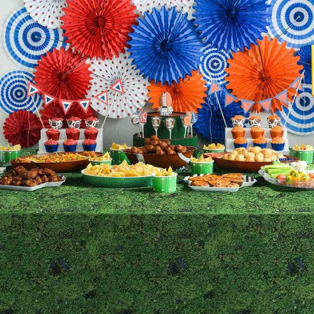 Alt view image 6 of 7 - 3Pcs Green Moss Plastic Tablecloths Grass Green Leaf Table Cloth Disposable Rectangle Table Cover for Soccer World Cup Nature Forest Jungle Golf Theme Party Decorations, 54 X 108inch