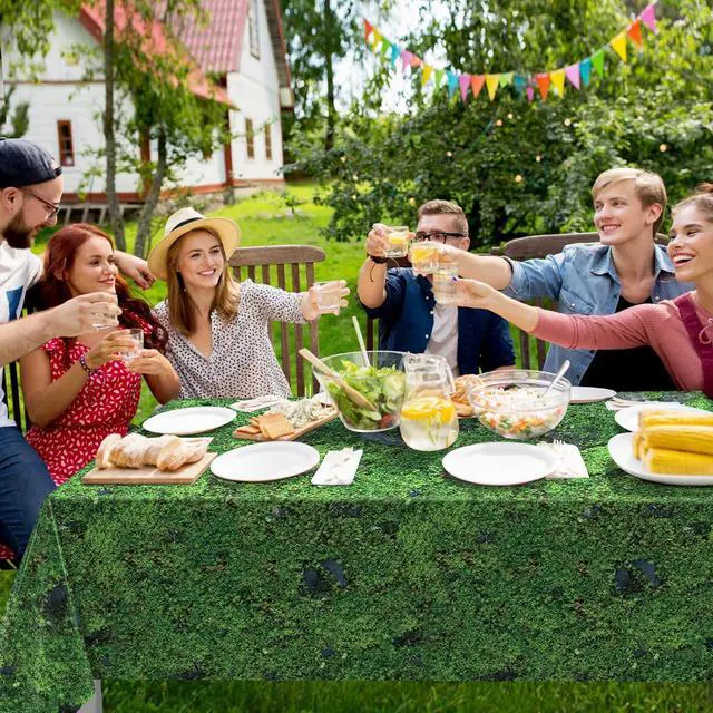 Alt view image 7 of 7 - 3Pcs Green Moss Plastic Tablecloths Grass Green Leaf Table Cloth Disposable Rectangle Table Cover for Soccer World Cup Nature Forest Jungle Golf Theme Party Decorations, 54 X 108inch