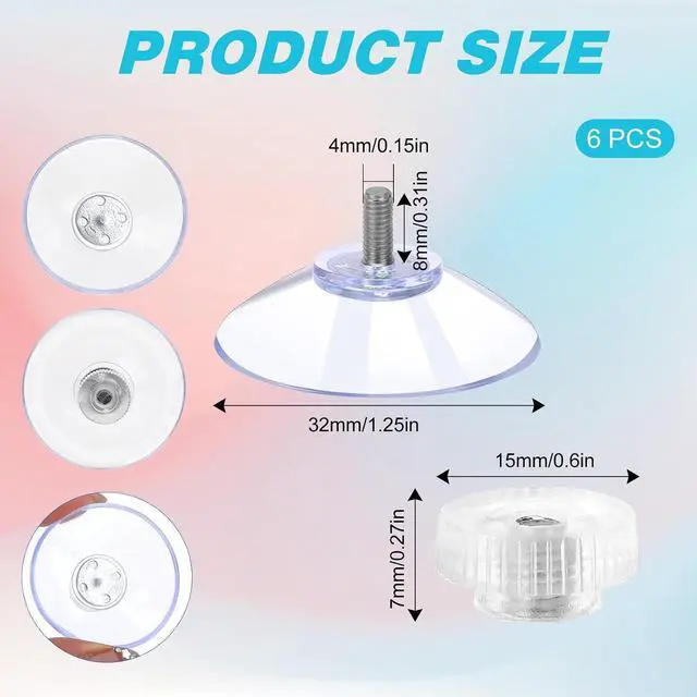 Alt view image 4 of 7 - Mozeat Lens 6 PCS Suction Cups for Glass, 32mm Strong Suction Cup with Metal Screw Rods and Nuts Clear PVC Heavy Duty Plastic Sucker Pads Holder Without Hooks for Bathroom Wall Door Window Car Shade
